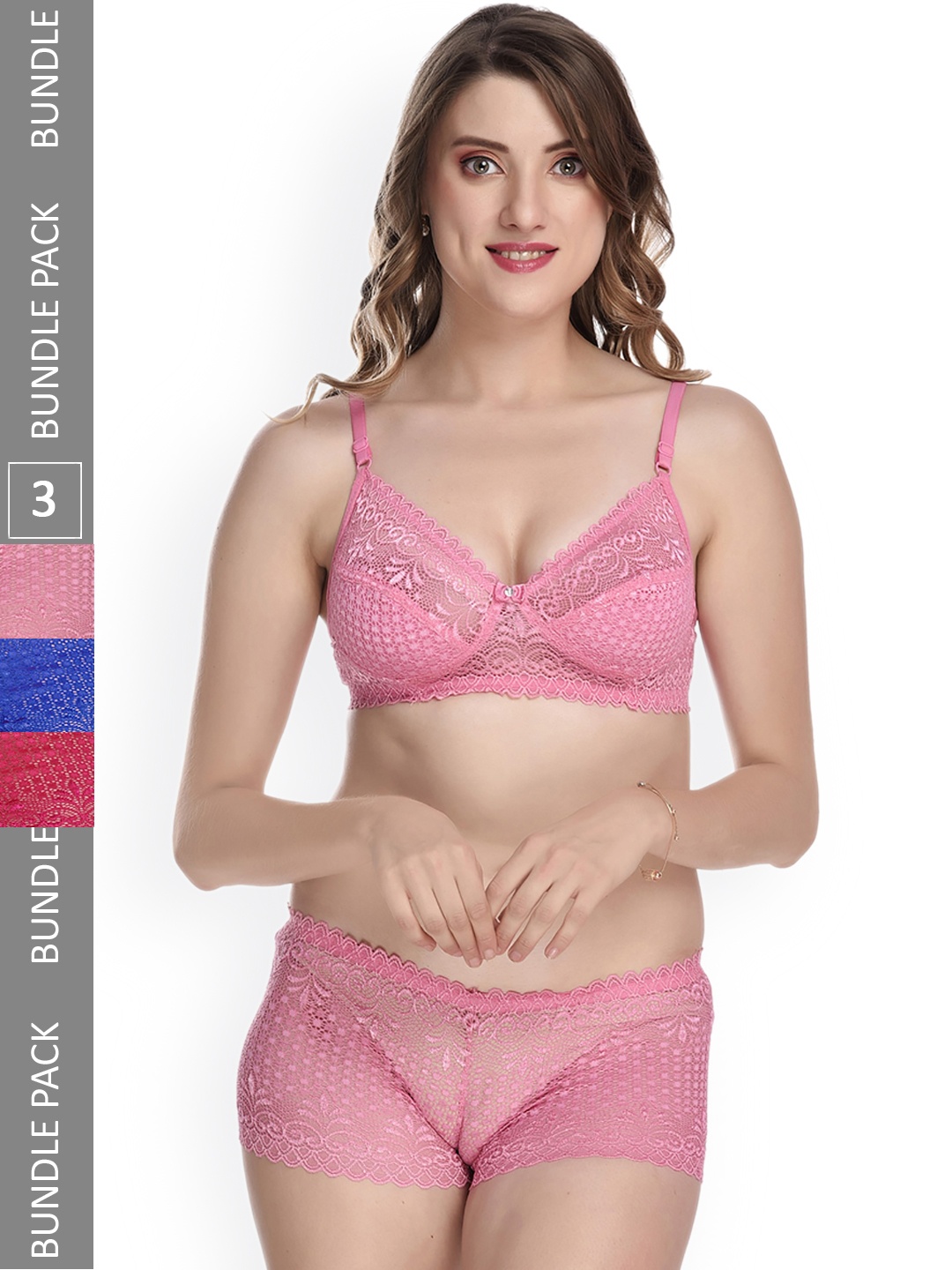 

AROUSY Pack Of 3 Laced Lingerie Set, Pink