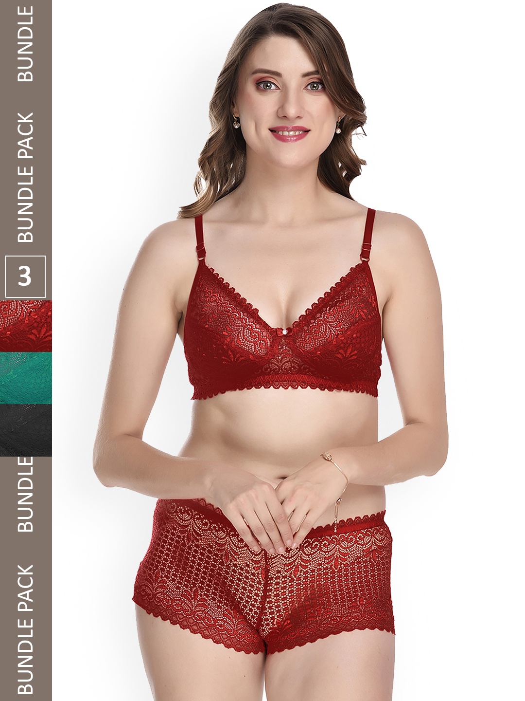 

AROUSY Women Pack Of 3 Self-Design Lingerie Set, Green