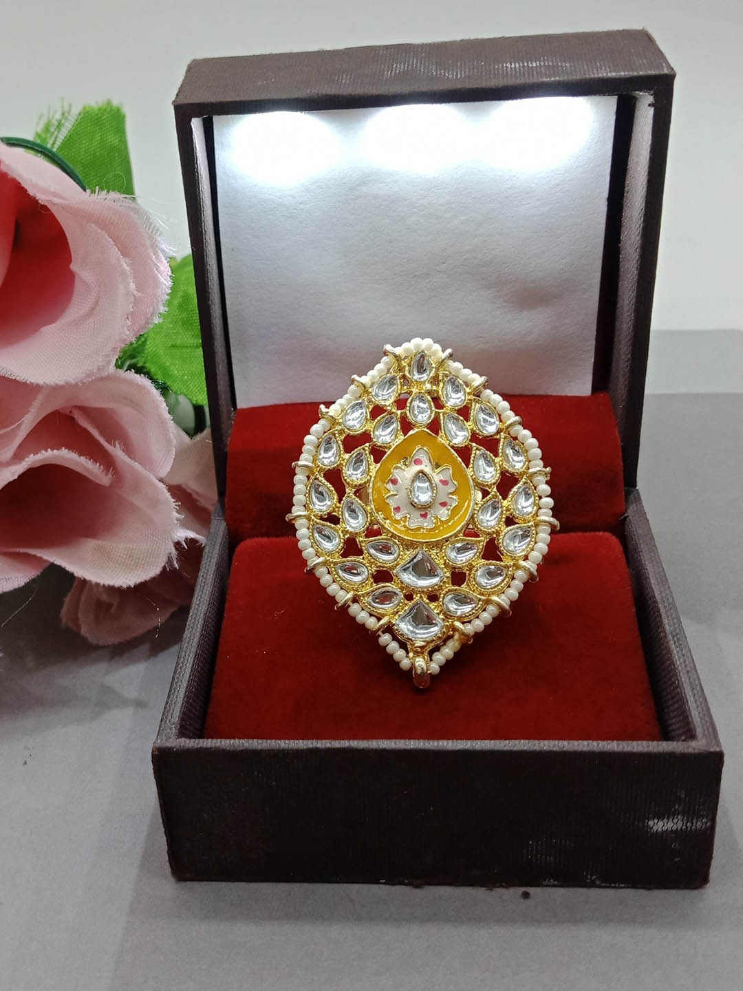

AASHISH IMITATION Gold-Plated Kundan-Studded & Pearl Beaded Adjustable Finger Ring