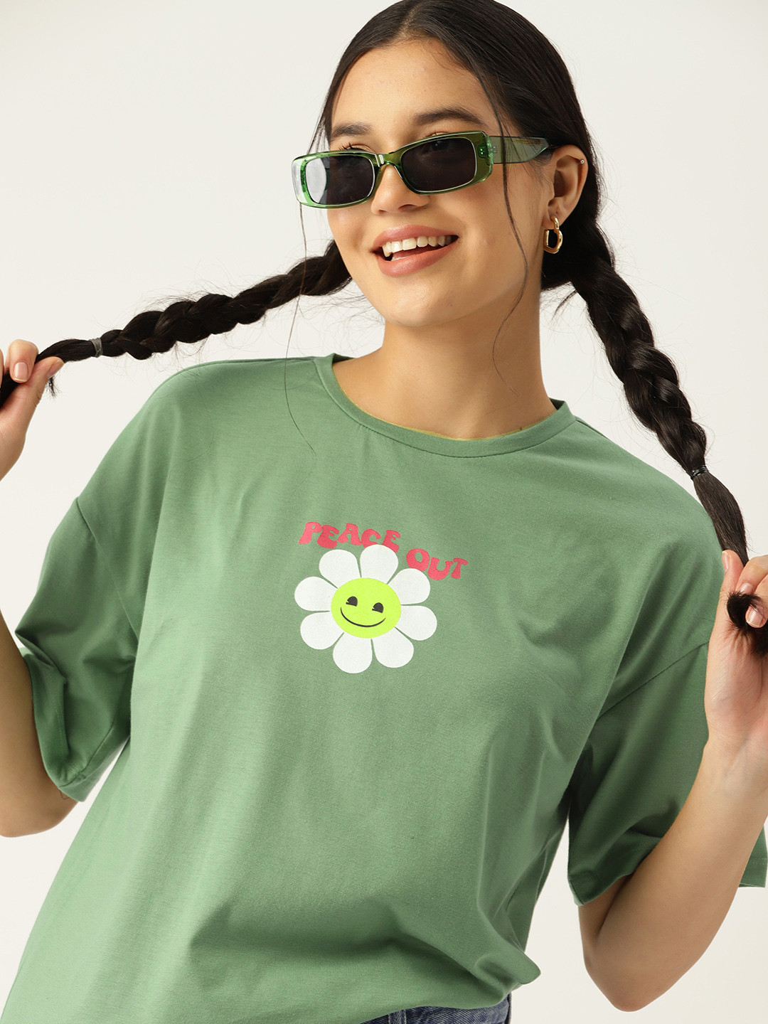 

DressBerry Floral Printed Pure Cotton Longline T-shirt, Green