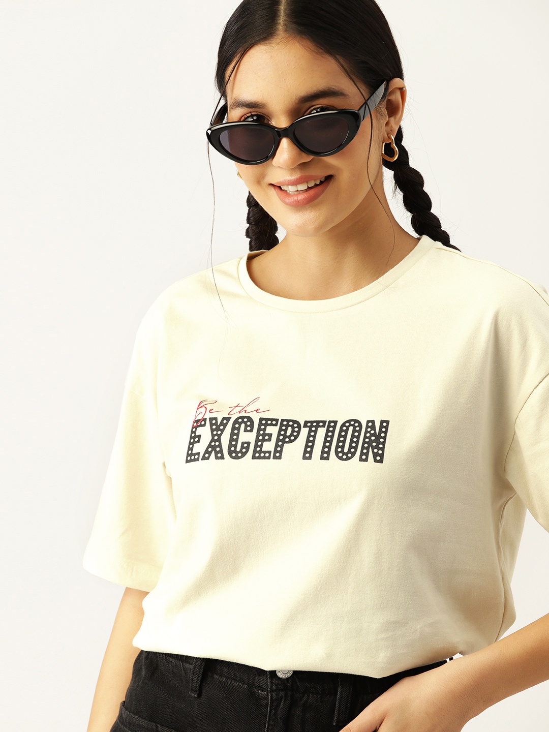 

DressBerry Pure Cotton Typography Printed Longline T-shirt, Cream