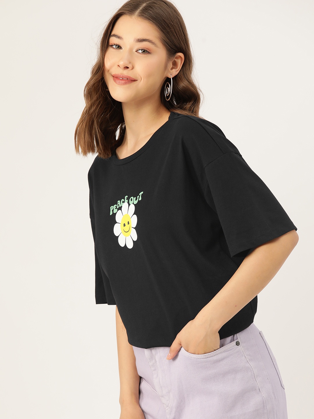 

DressBerry Pure Cotton Printed Drop-Shoulder Sleeves Longline T-shirt, Black