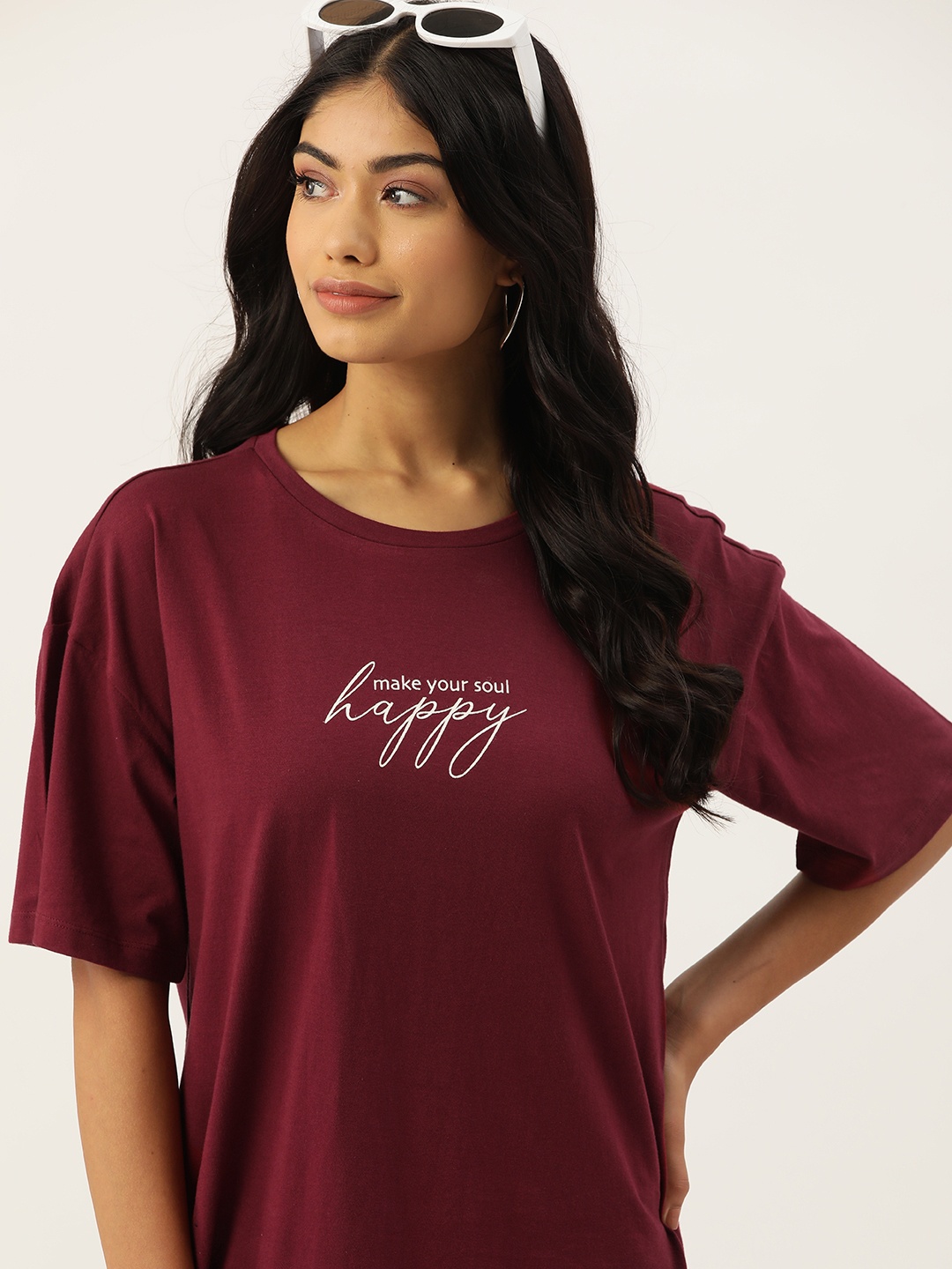 

DressBerry Women Pure Cotton Typography Printed Drop-Shoulder Sleeves Longline T-shirt, Maroon