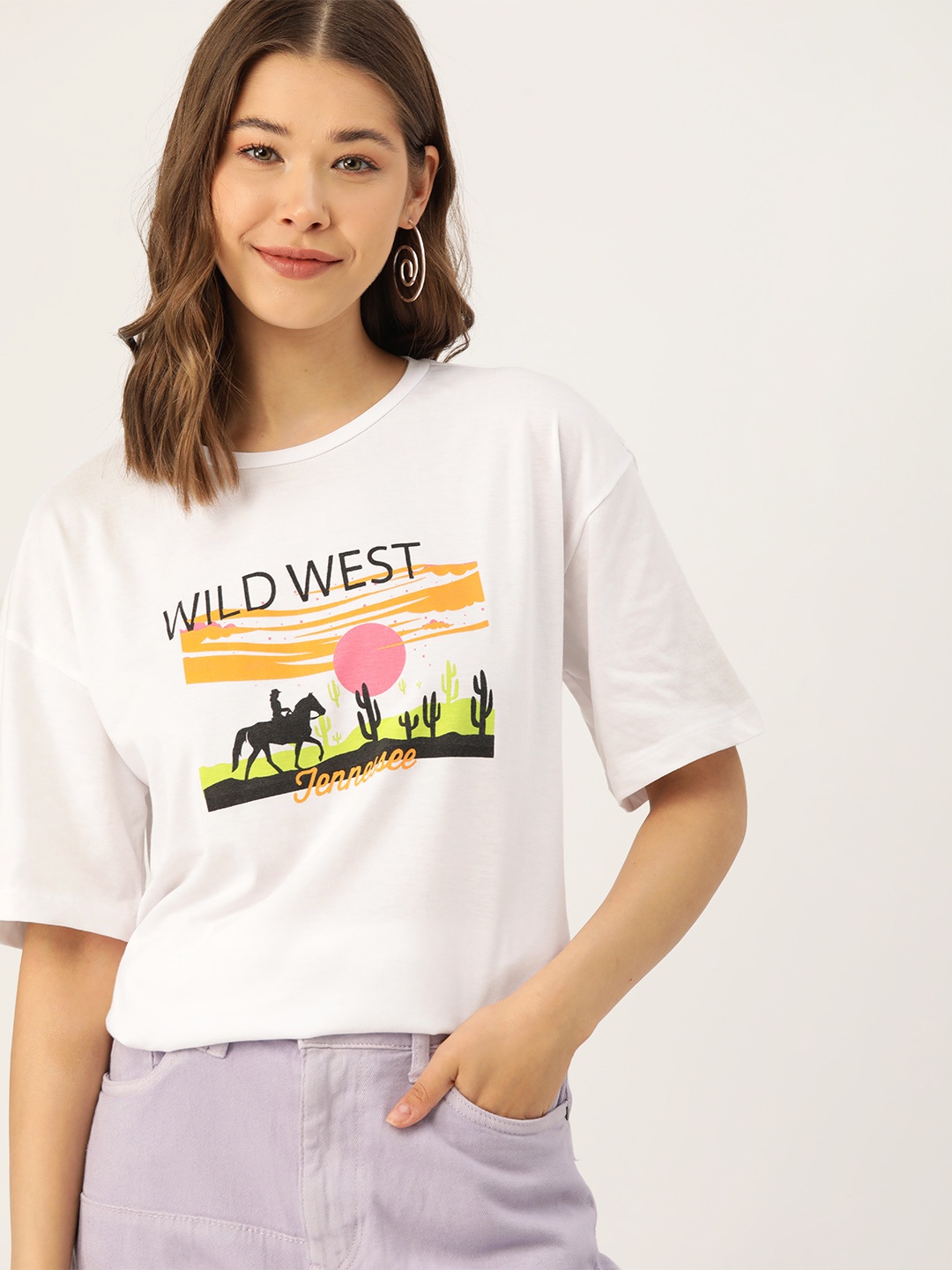 

DressBerry Pure Cotton Printed Drop-Shoulder Sleeves Relaxed Fit T-shirt, White
