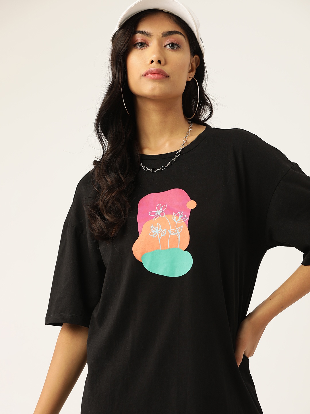 

DressBerry Printed Pure Cotton Longline T-shirt, Black