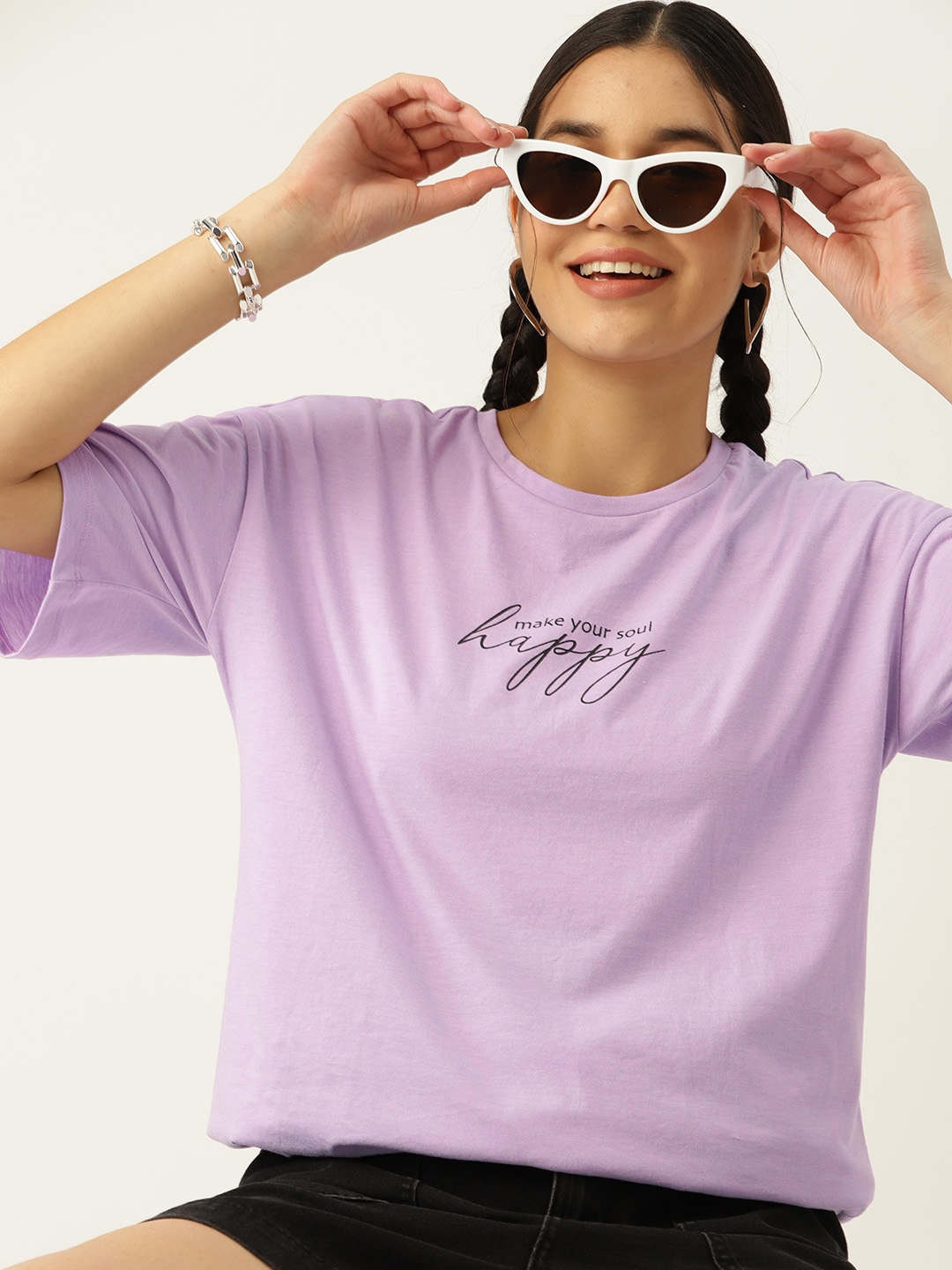 DressBerry Printed Detail Pure Cotton Longline T-shirt, Lavender