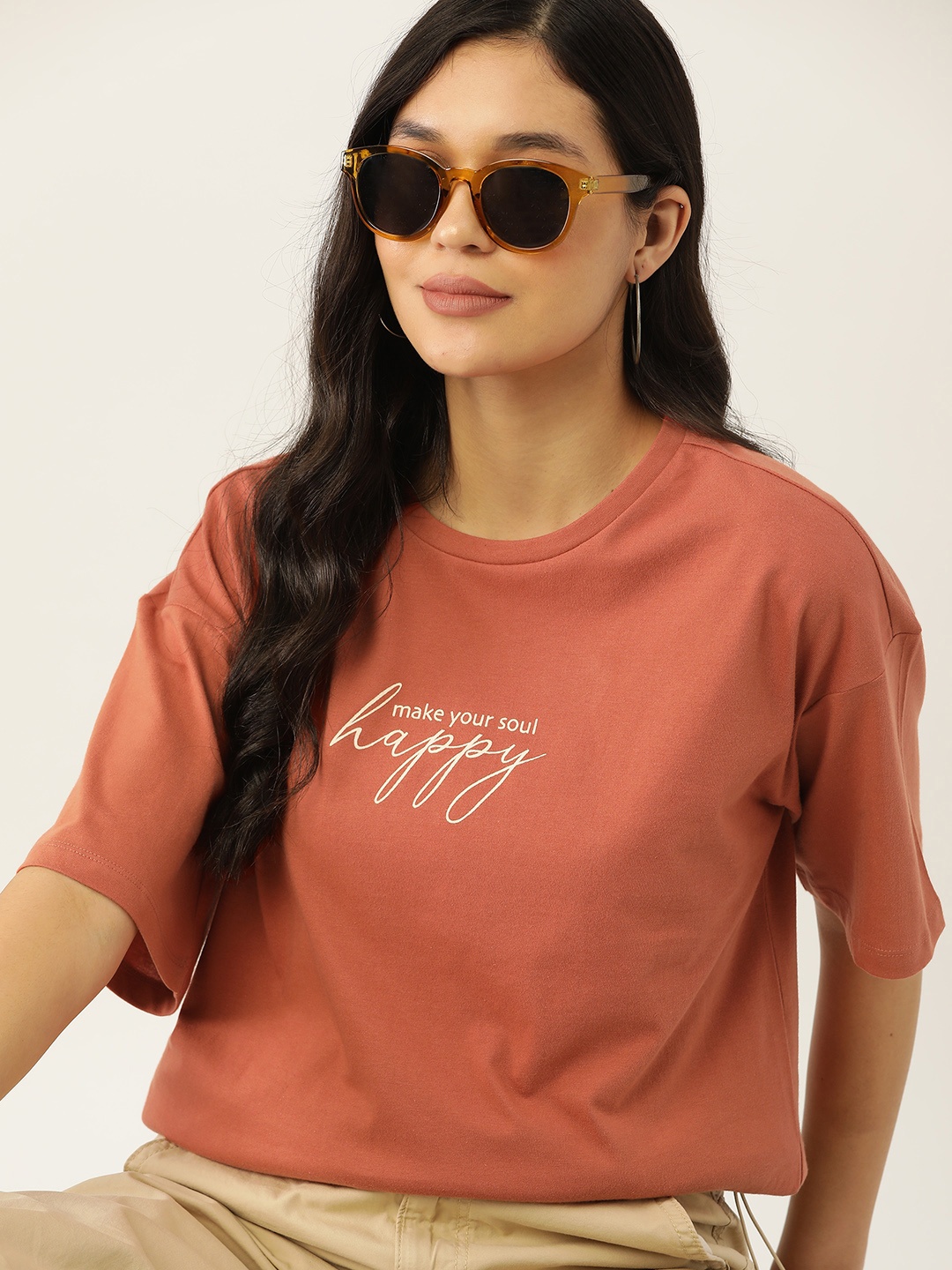 

DressBerry Typography Detail Pure Cotton Oversized Longline T-shirt, Rust