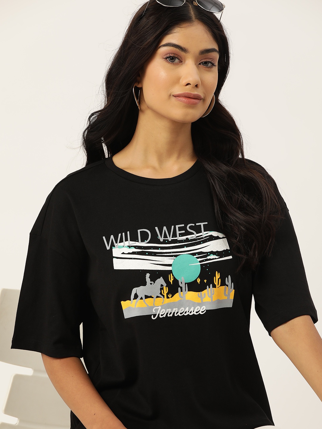 

DressBerry Women Pure Cotton Printed Drop-Shoulder Sleeves Loose T-shirt, Black