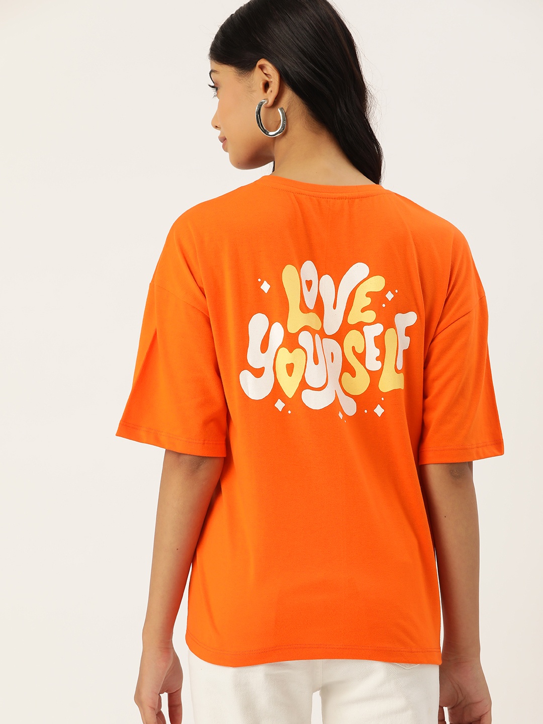 

DressBerry Women Pure Cotton Printed Back Drop-Shoulder Sleeves Loose T-shirt, Orange