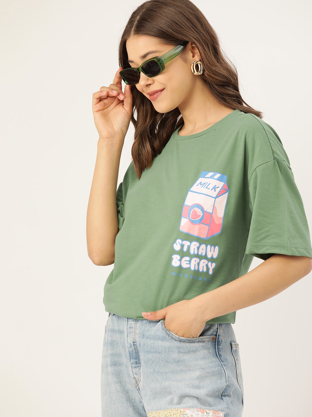 

DressBerry Pure Cotton Printed Drop-Shoulder Sleeves Longline T-shirt, Green
