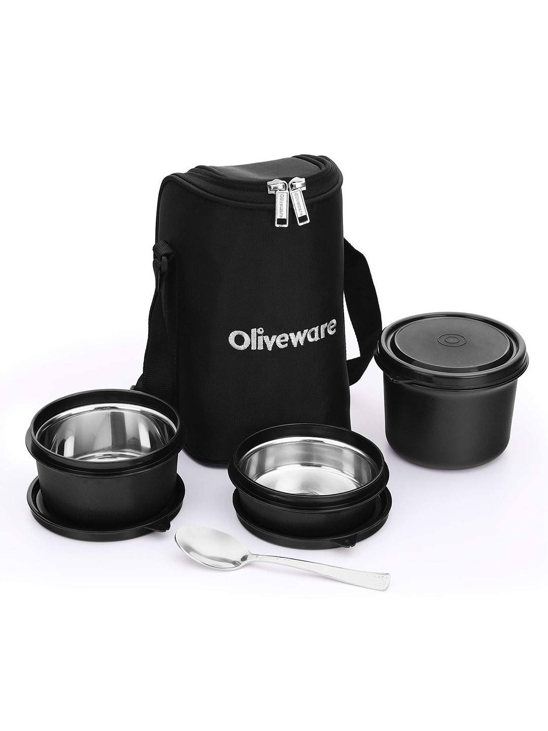 

SOPL-OLIVEWARE Boss Pro Lunch Box Set of 3 Stainless Steel Containers with Bag & Spoon, Black