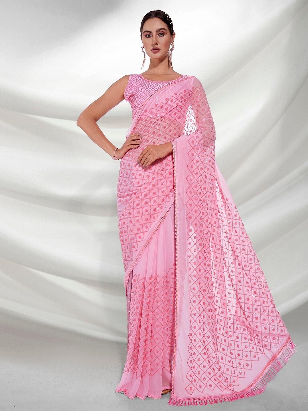 

Mitera Pink Checked Sequinned Saree