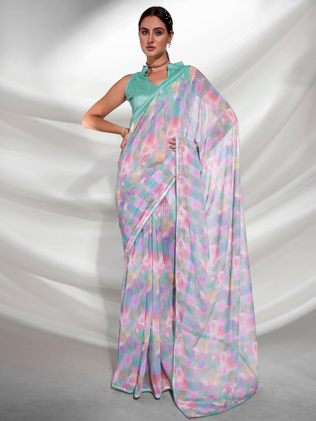 

Mitera White & Pink Tie and Dye Sequinned Saree