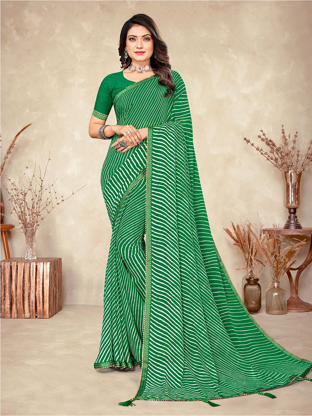 

Mitera Green & White Leheriya Printed Zari Saree