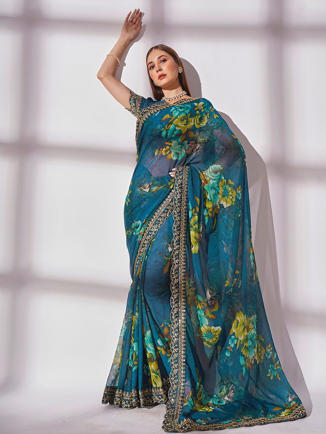 

Mitera Blue & Yellow Floral Embroidered Saree