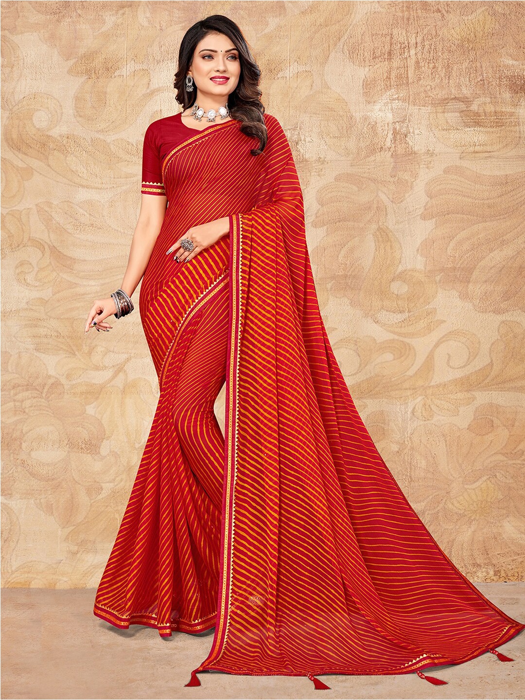 

Mitera Red & Yellow Leheriya Printed Zari Saree