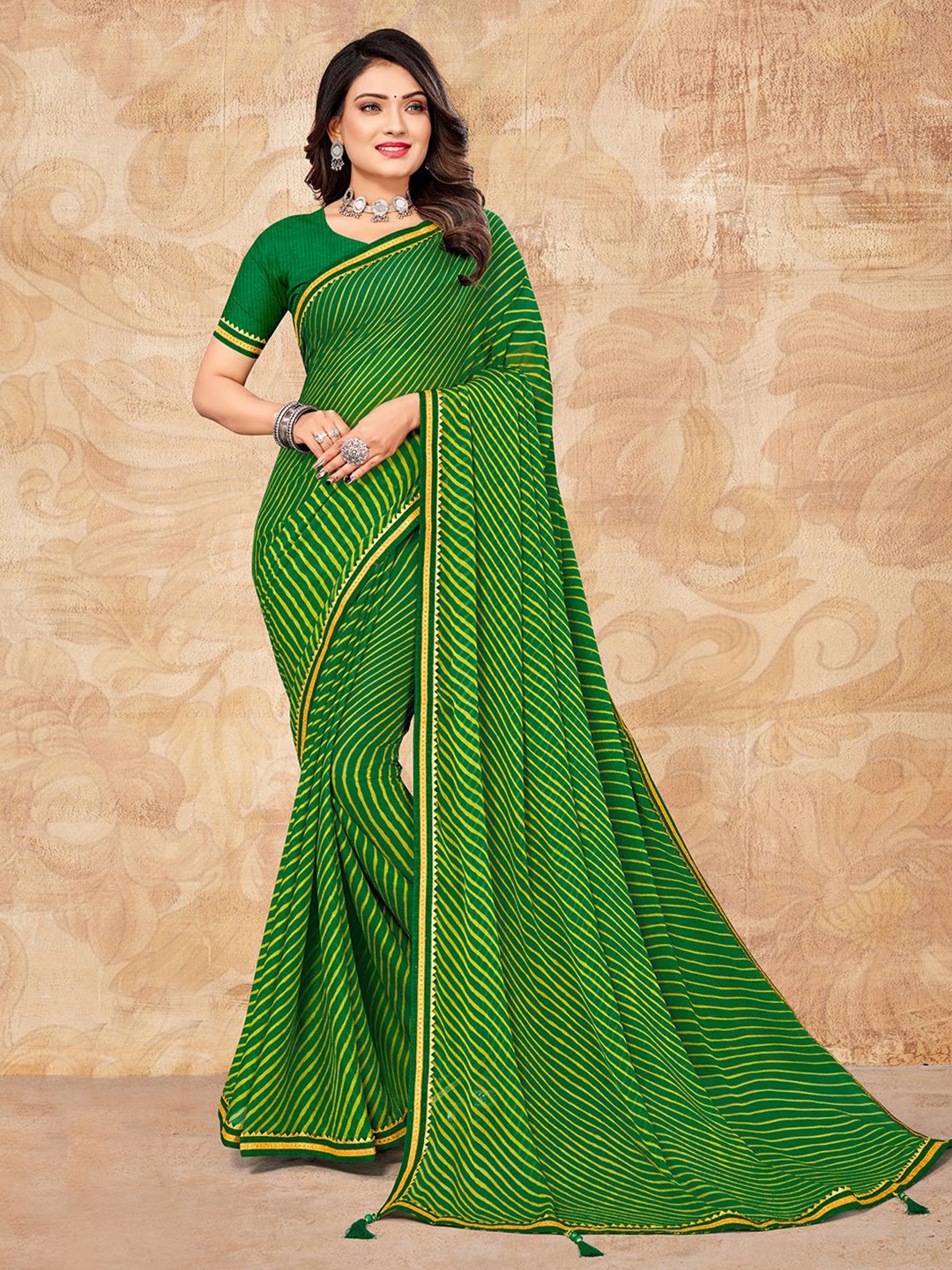 

Mitera Green & White Leheriya Printed Zari Saree