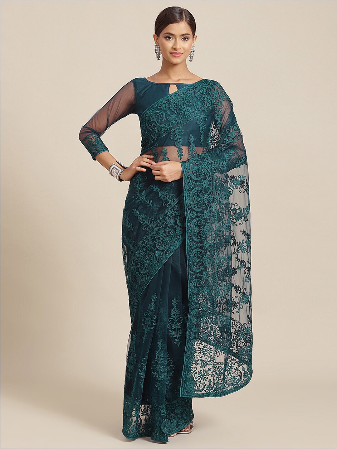 

Mitera Green Embellished Embroidered Net Saree