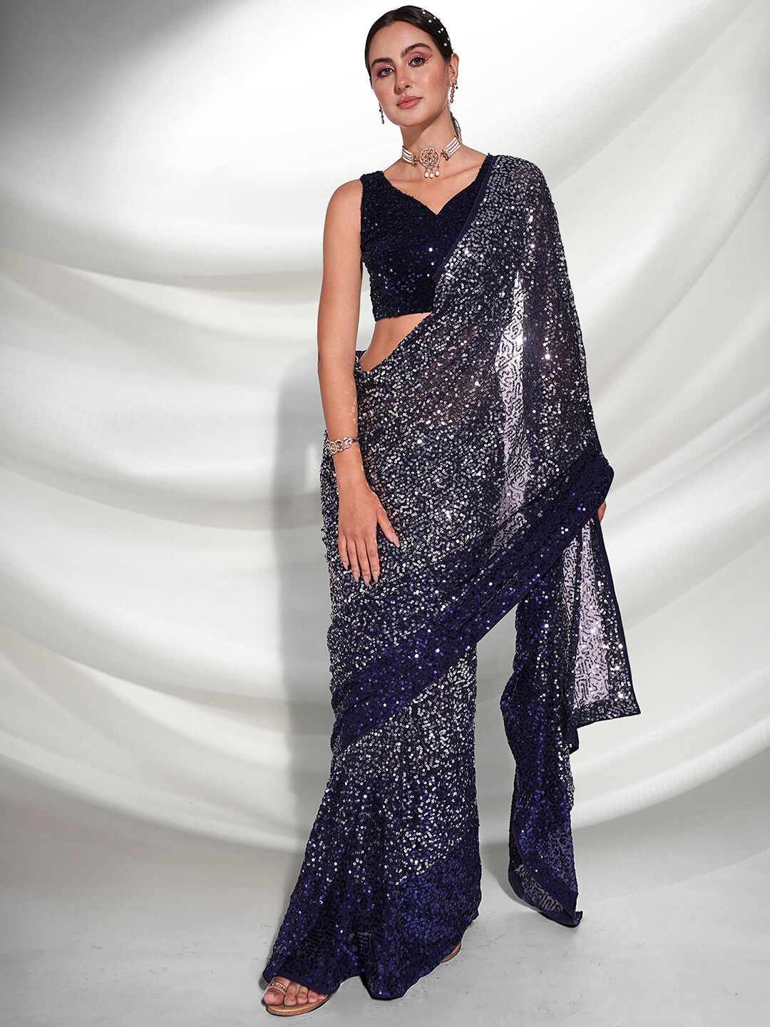 

Mitera Navy Blue & Silver-Toned Embellished Sequinned Saree