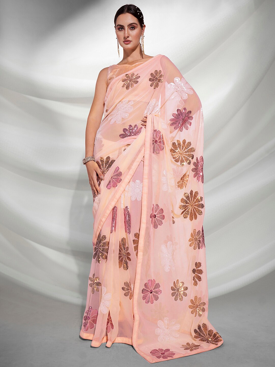 

Mitera Peach-Coloured & White Floral Embellished Sequinned Saree