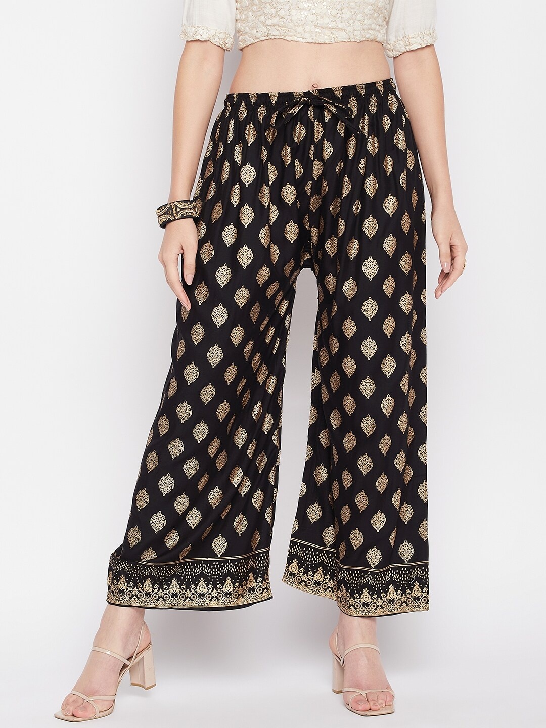 

Clora Creation Women Mid-Rise Ethnic Printed Straight Palazzos, Black