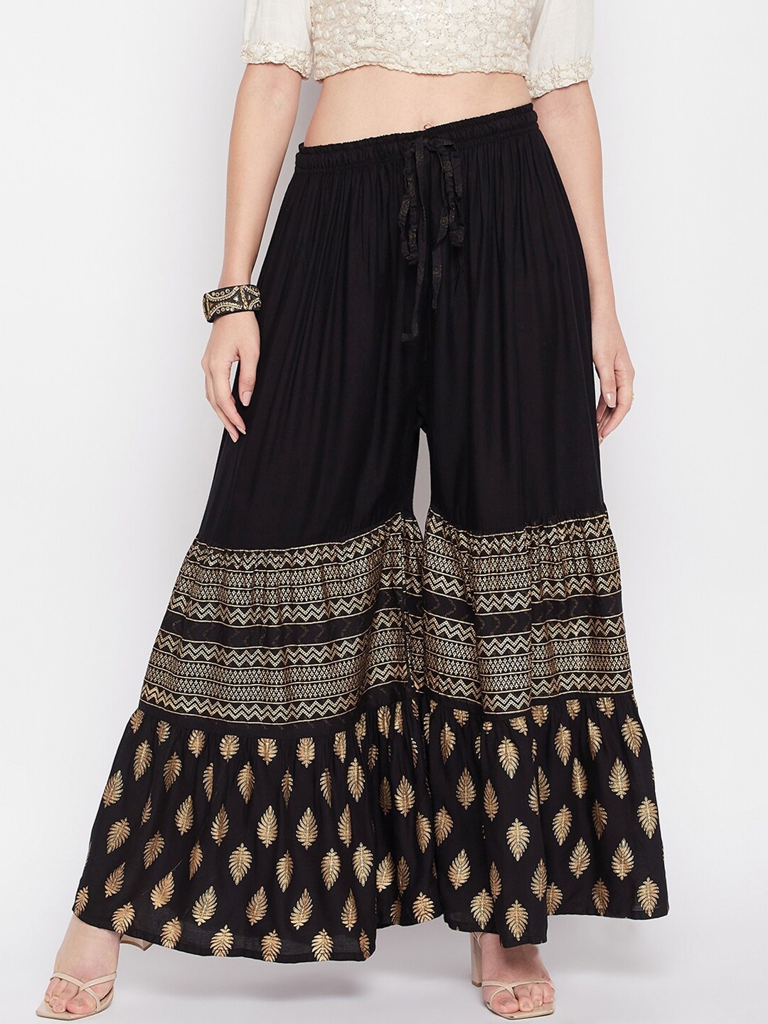 

Clora Creation Women Mid-Rise Ethnic Printed Flared Palazzos, Black