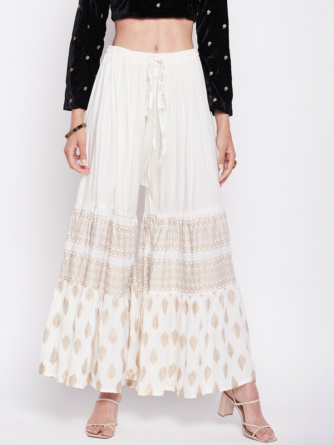 

Clora Creation Women Mid-Rise Ethnic Printed Flared Palazzos, Off white