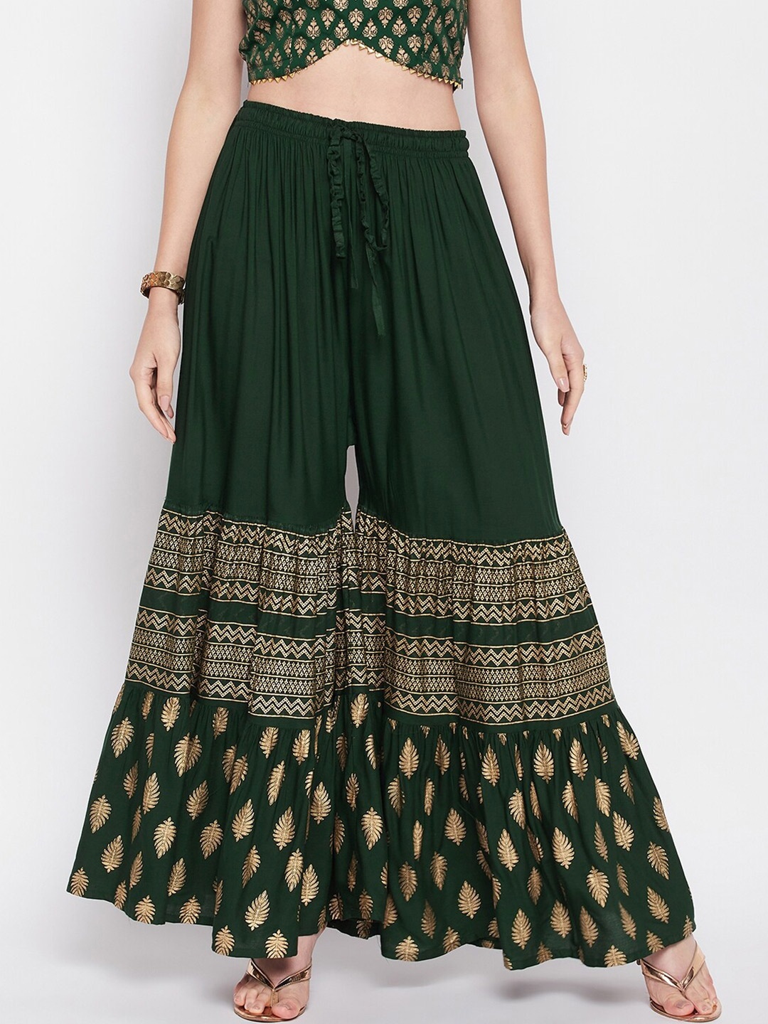 

Clora Creation Women Mid-Rise Ethnic Printed Flared Palazzos, Green