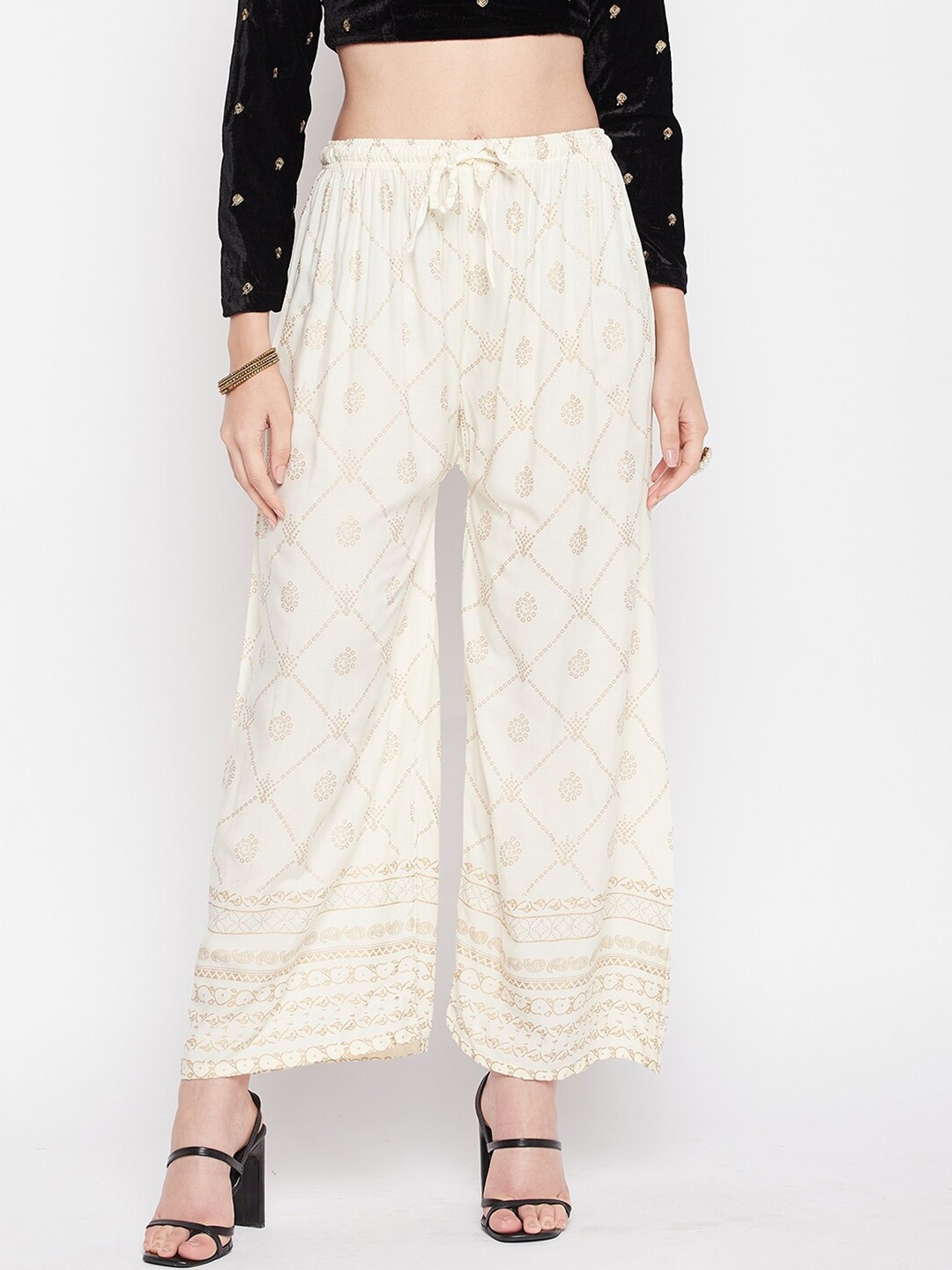 

Clora Creation Women Mid-Rise Ethnic Printed Straight Palazzos, Cream