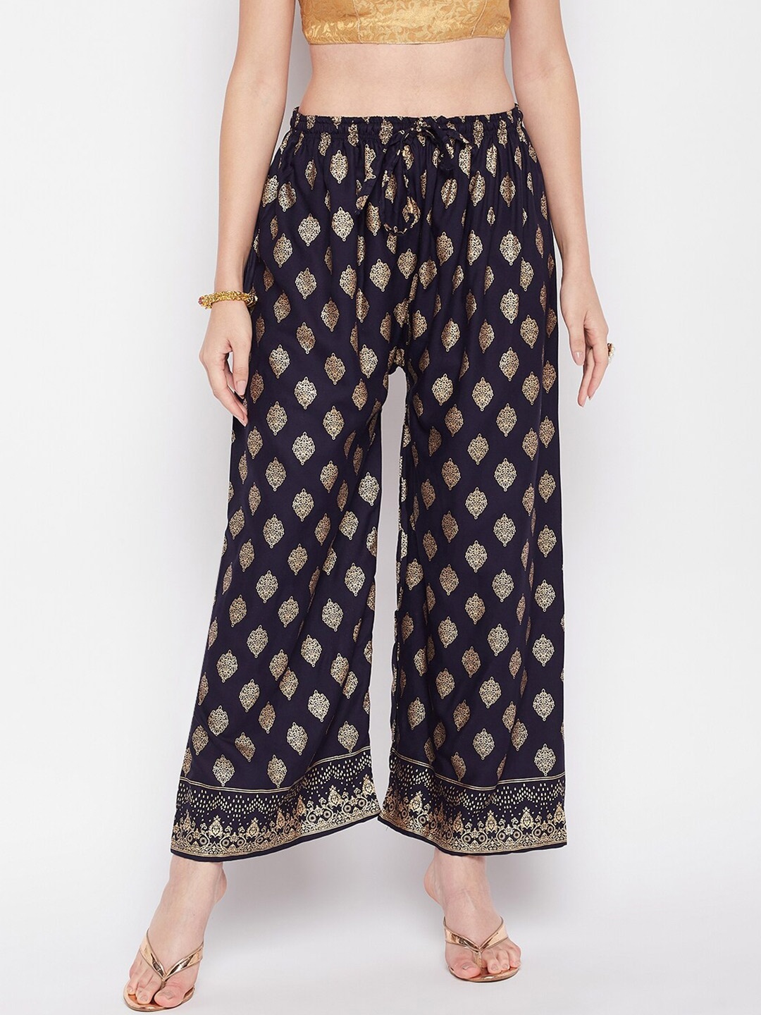 

Clora Creation Women Mid-Rise Ethnic Printed Straight Palazzos, Navy blue