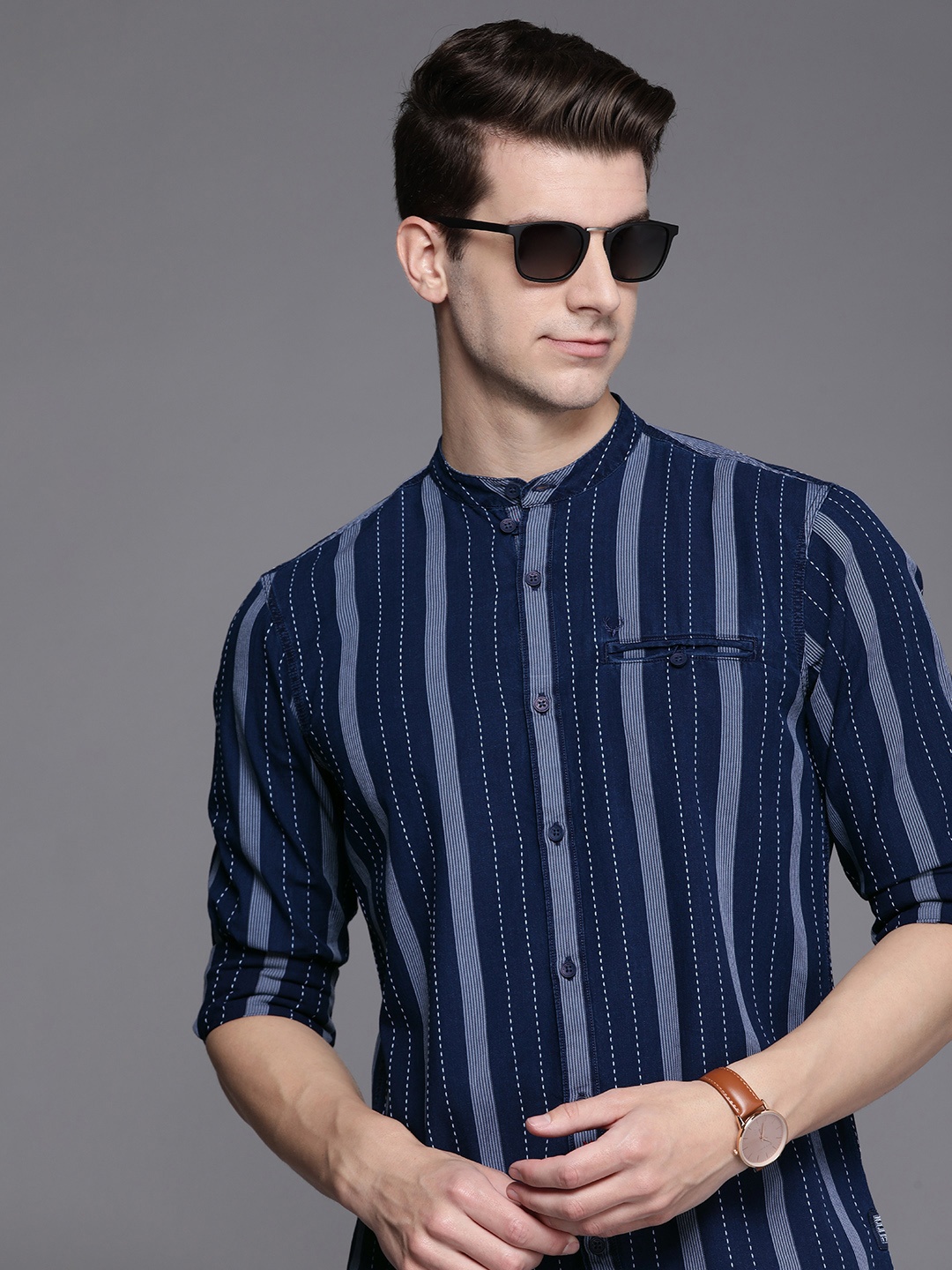 

Allen Solly Pure Cotton Slim Fit Opaque Striped Casual Shirt, Navy blue