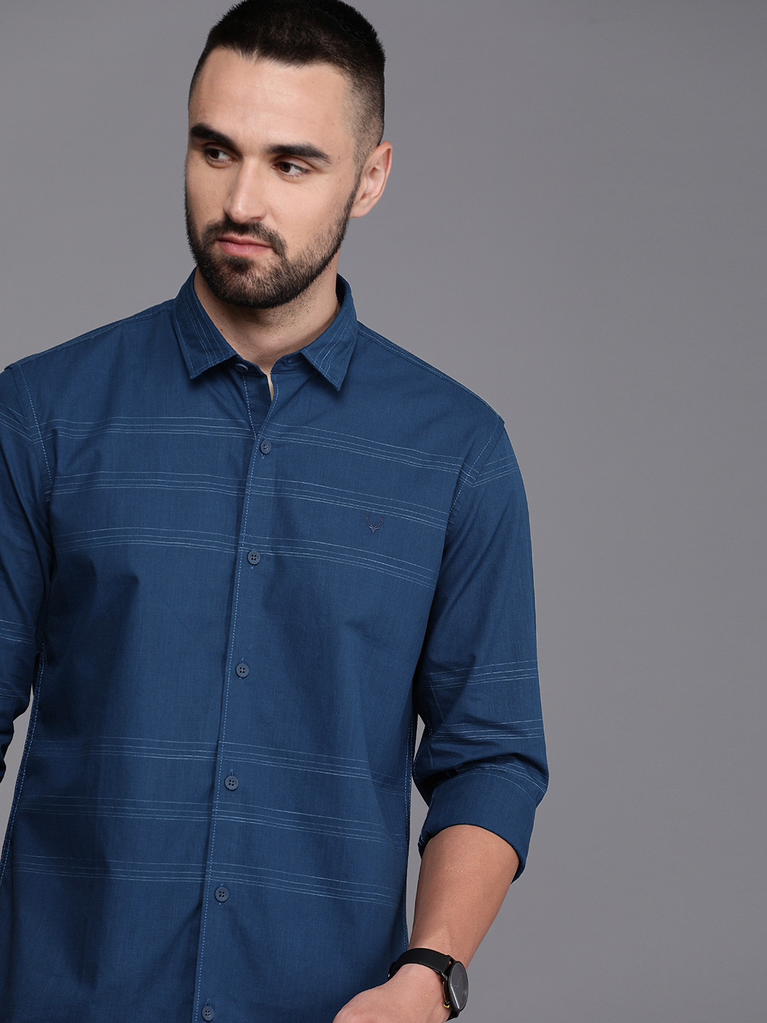 

Allen Solly Custom Fit Horizontal Striped Pure Cotton Casual Shirt, Navy blue