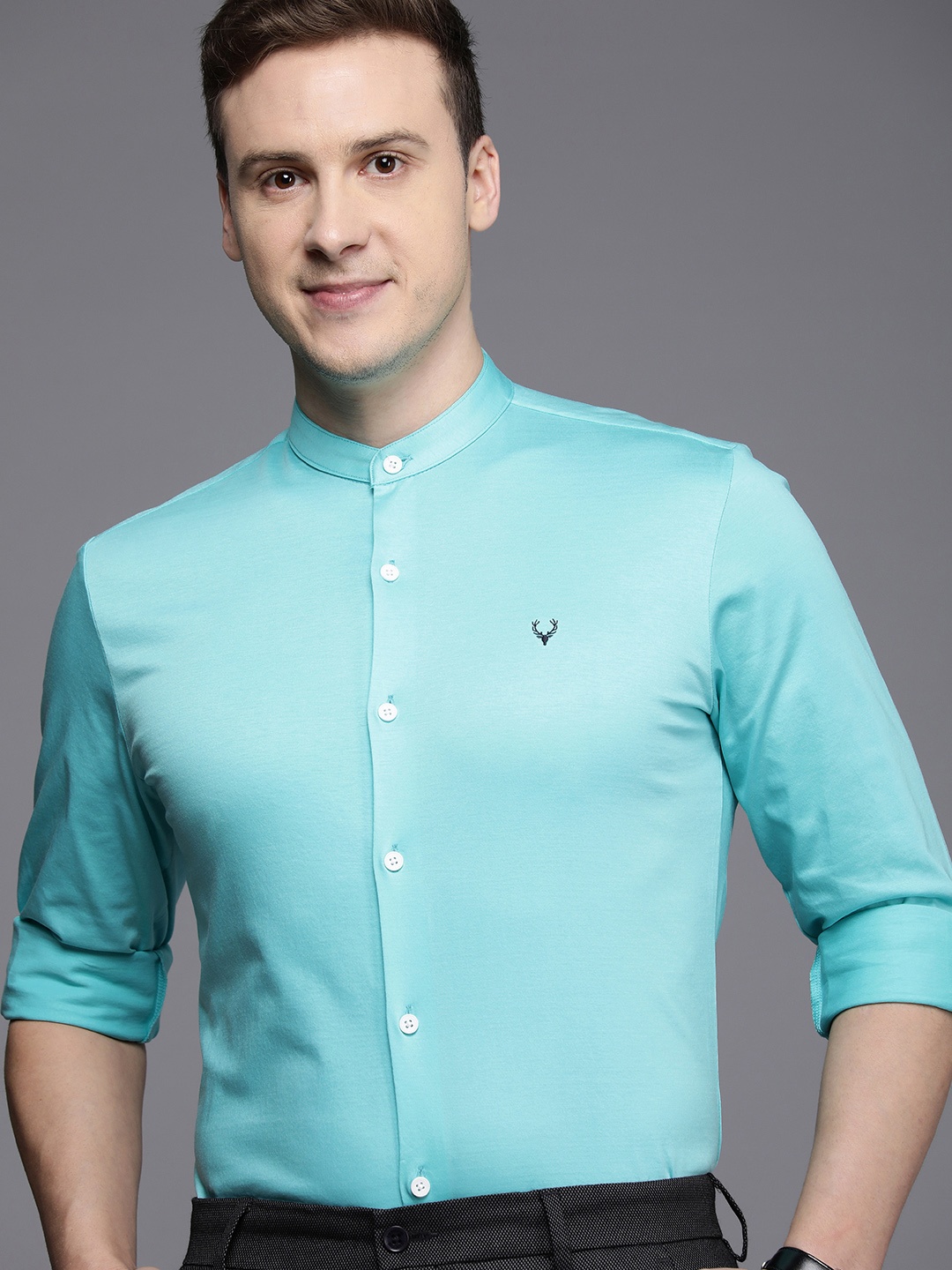 

Allen Solly Slim Fit Knitted Solid Pure Cotton Semiformal Shirt, Sea green