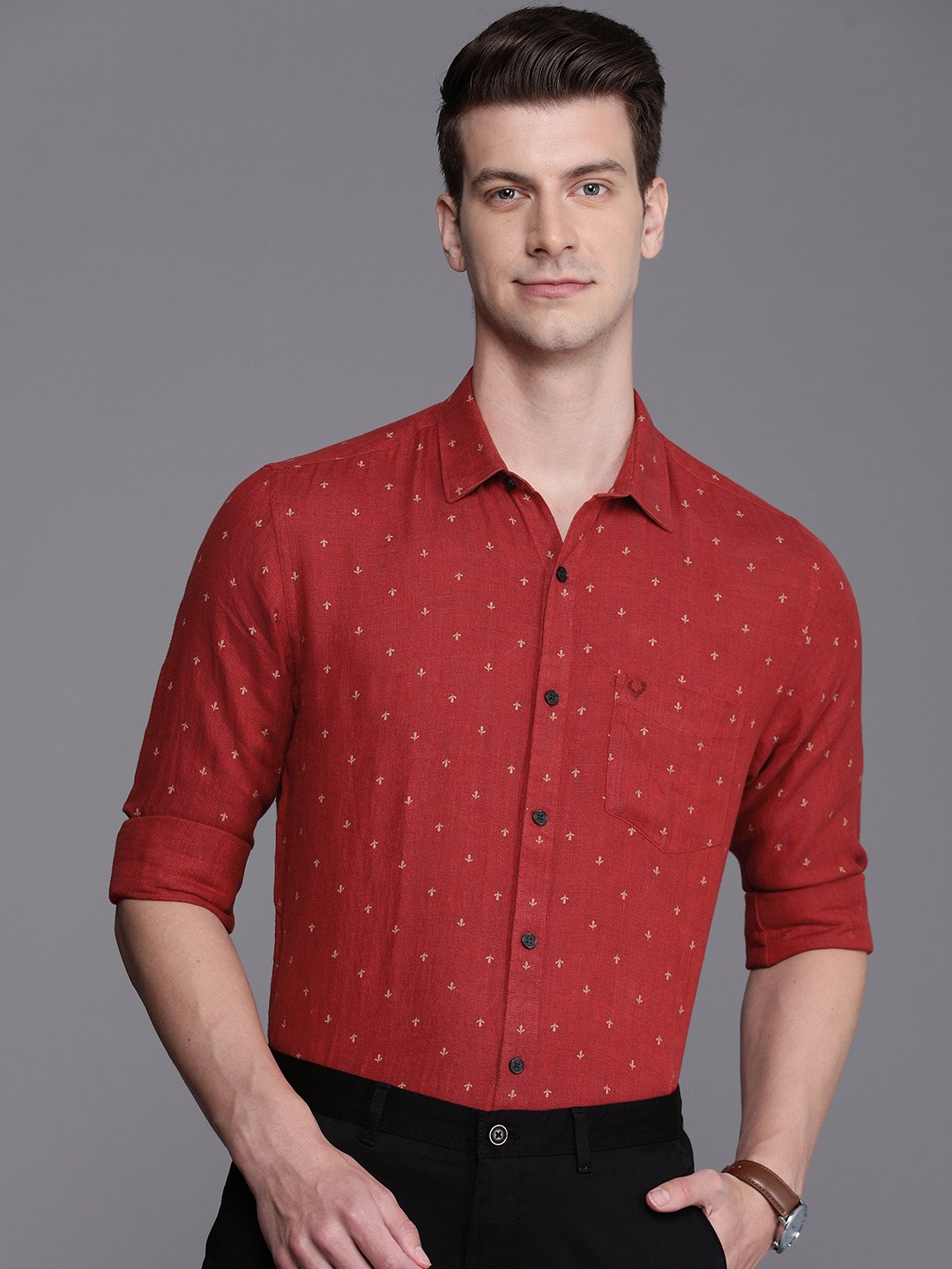 

Allen Solly Men Classic Floral Printed Semiformal Linen Shirt, Red