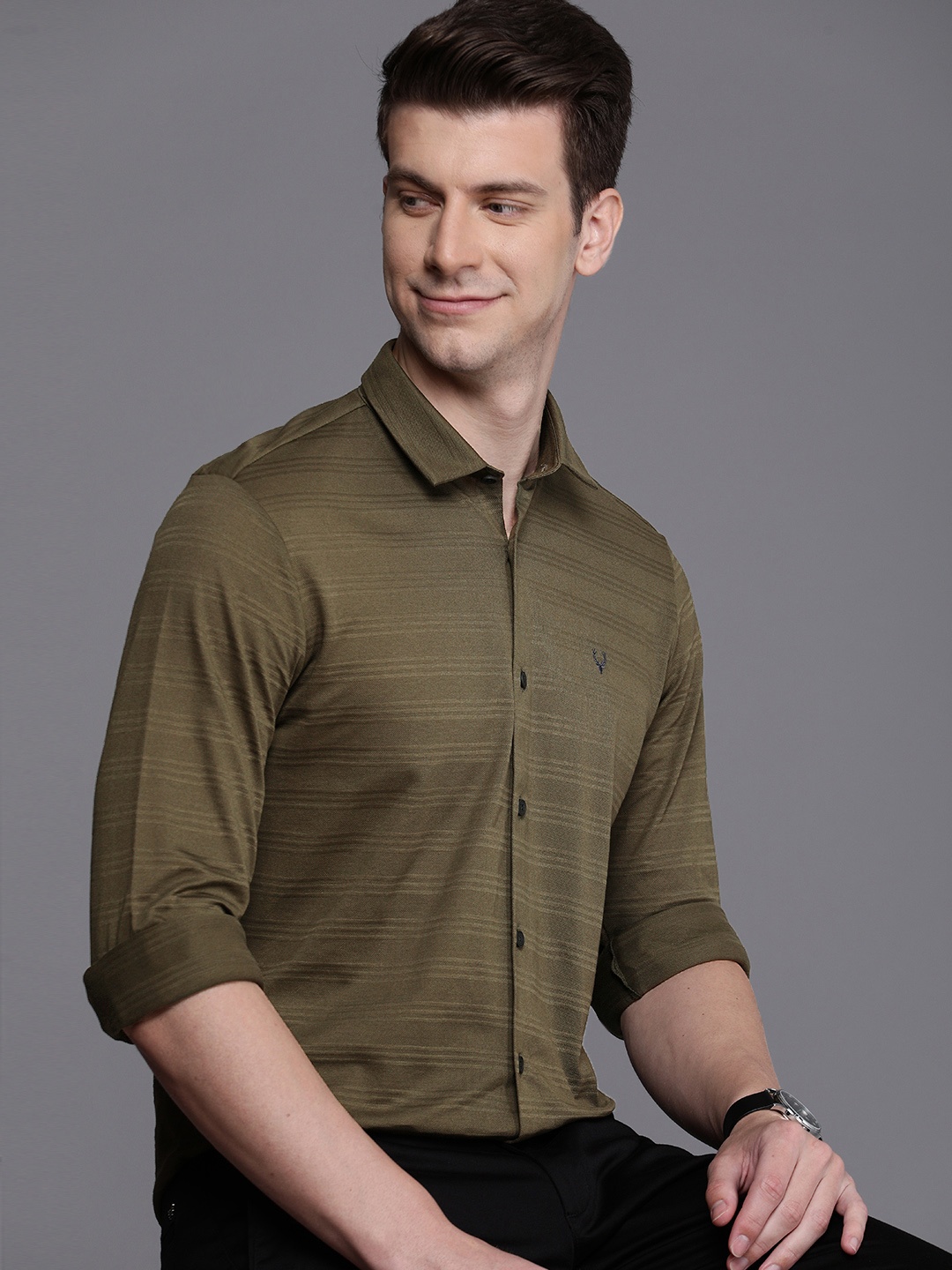 

Allen Solly Pure Cotton Slim Fit Horizontal Striped Casual Shirt, Olive