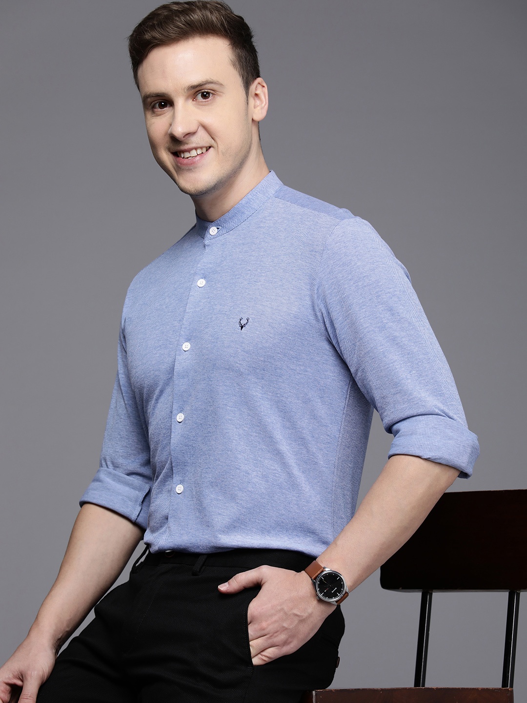 

Allen Solly Knitted Textured Slim Fit Pure Cotton Semiformal Shirt, Blue