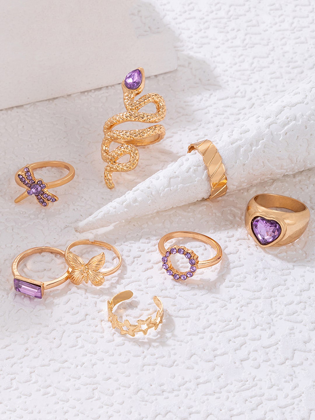 

Scintillare By Sukkhi Set Of 8 Gold-Plated Stone-Studded Rings