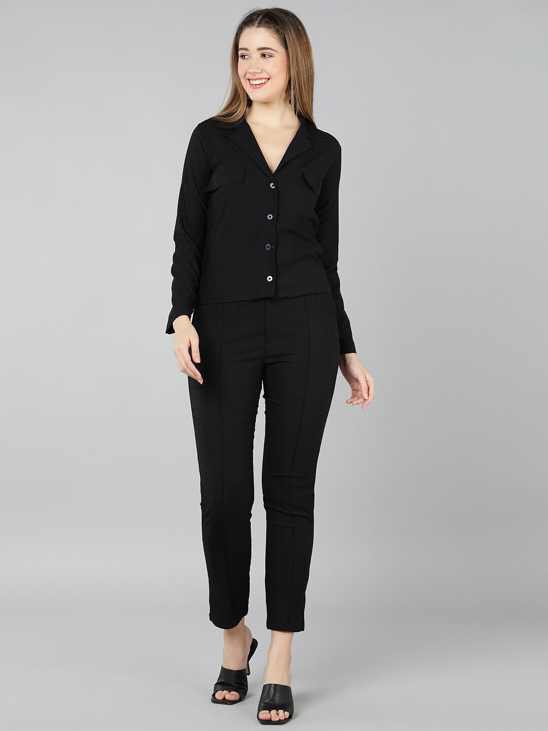 

Golden Kite Women Lapel Collar Shirt With Trousers, Black
