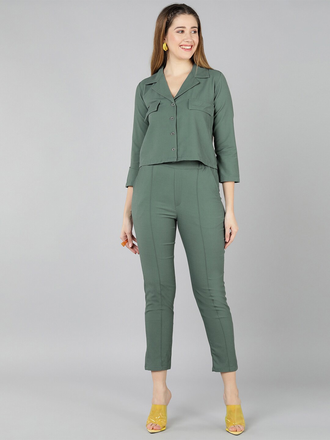 

Golden Kite Women Lapel Collar Shirt With Trousers, Green