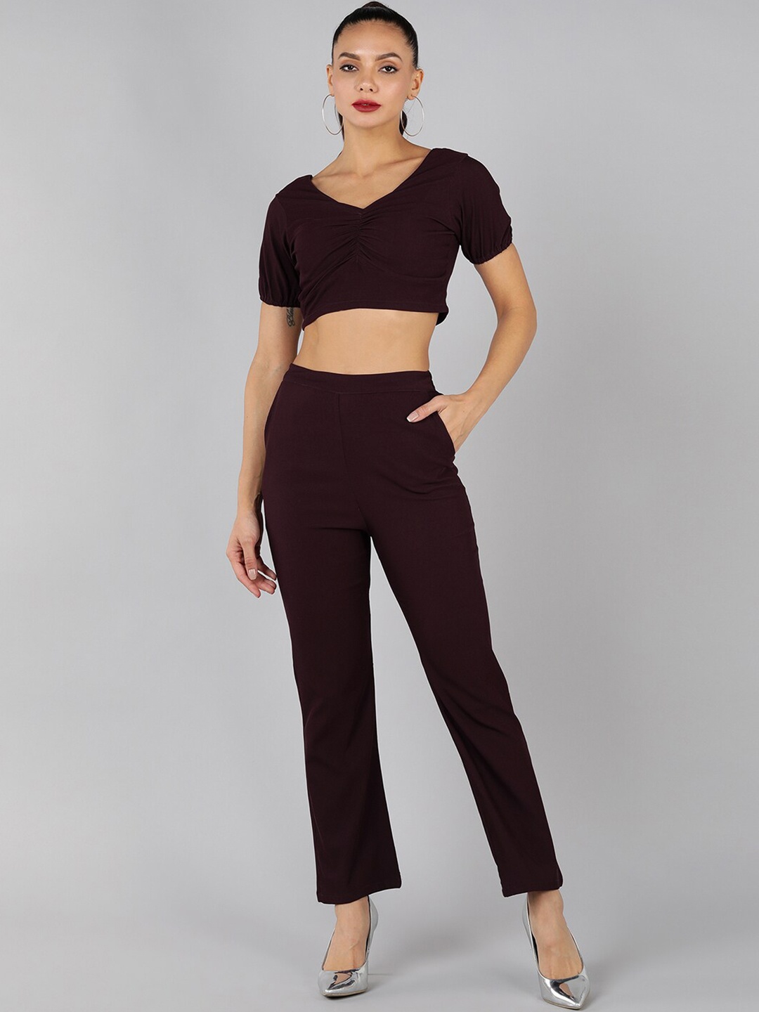 

Golden Kite Women Ruched Crop Top With Trousers, Burgundy