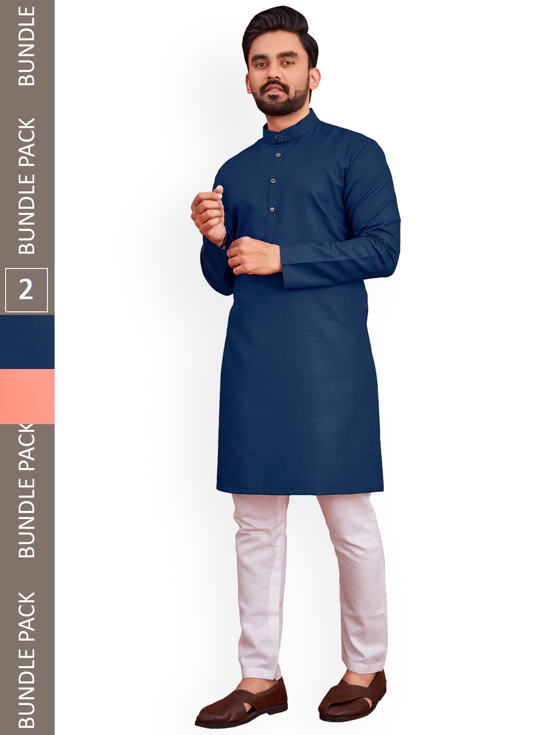 

allan peter Pack Of 2 Mandarin Collar Pure Cotton Kurtas, Navy blue