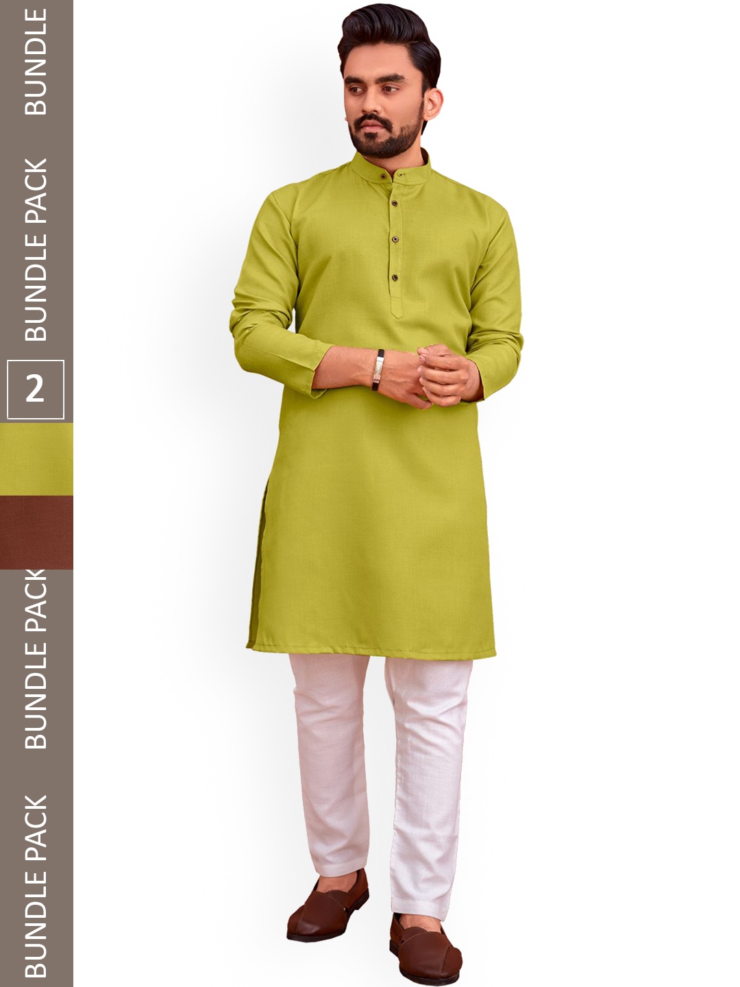 

allan peter Pack Of 2 Shirt Collar Pure Cotton Pathani Kurta, Green