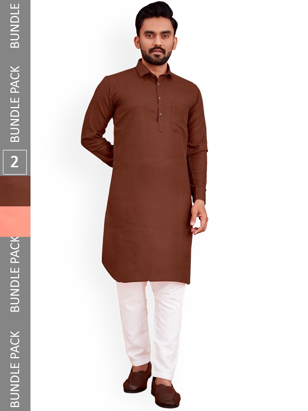 

allan peter Pack Of 2 Mandarin Collar Cotton Kurtas, Brown