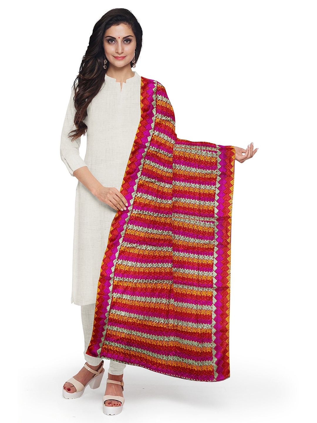 

KALINI Embroidered Dupatta with Phulkari, Pink