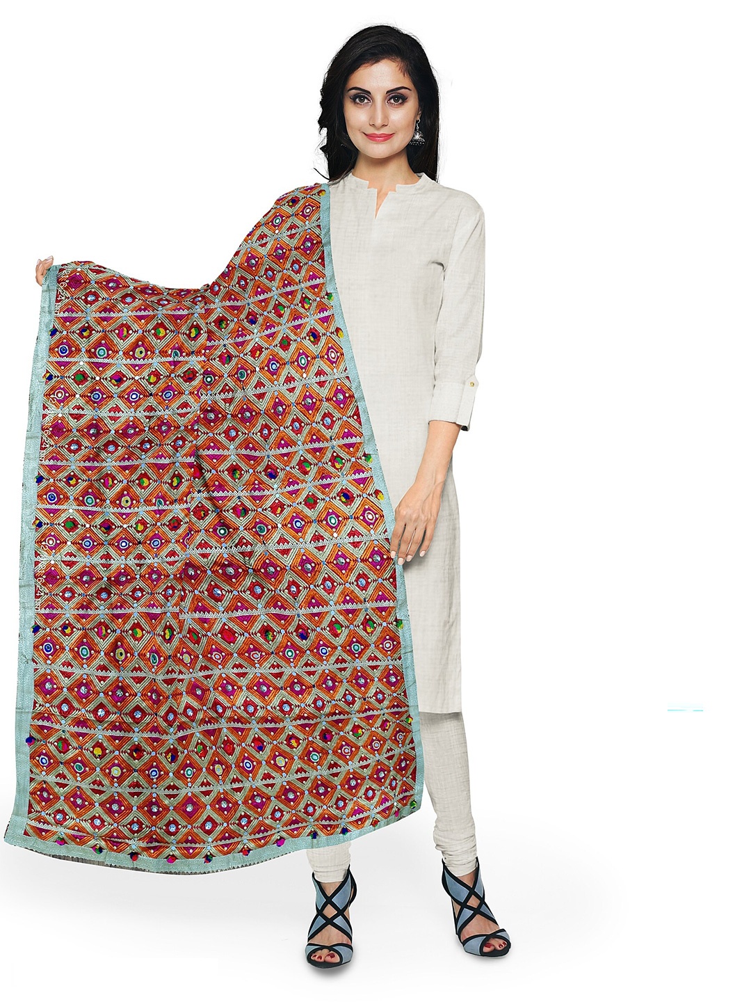 

KALINI Checked Dupatta with Phulkari, Pink