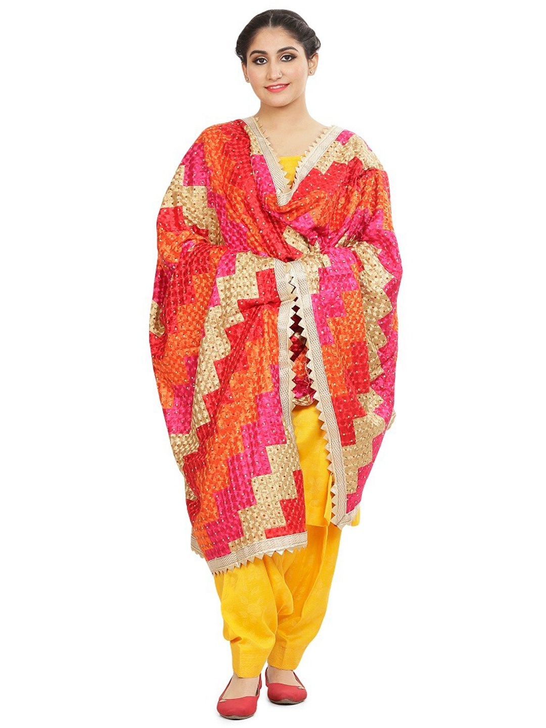 

KALINI Checked Dupatta with Phulkari, Red
