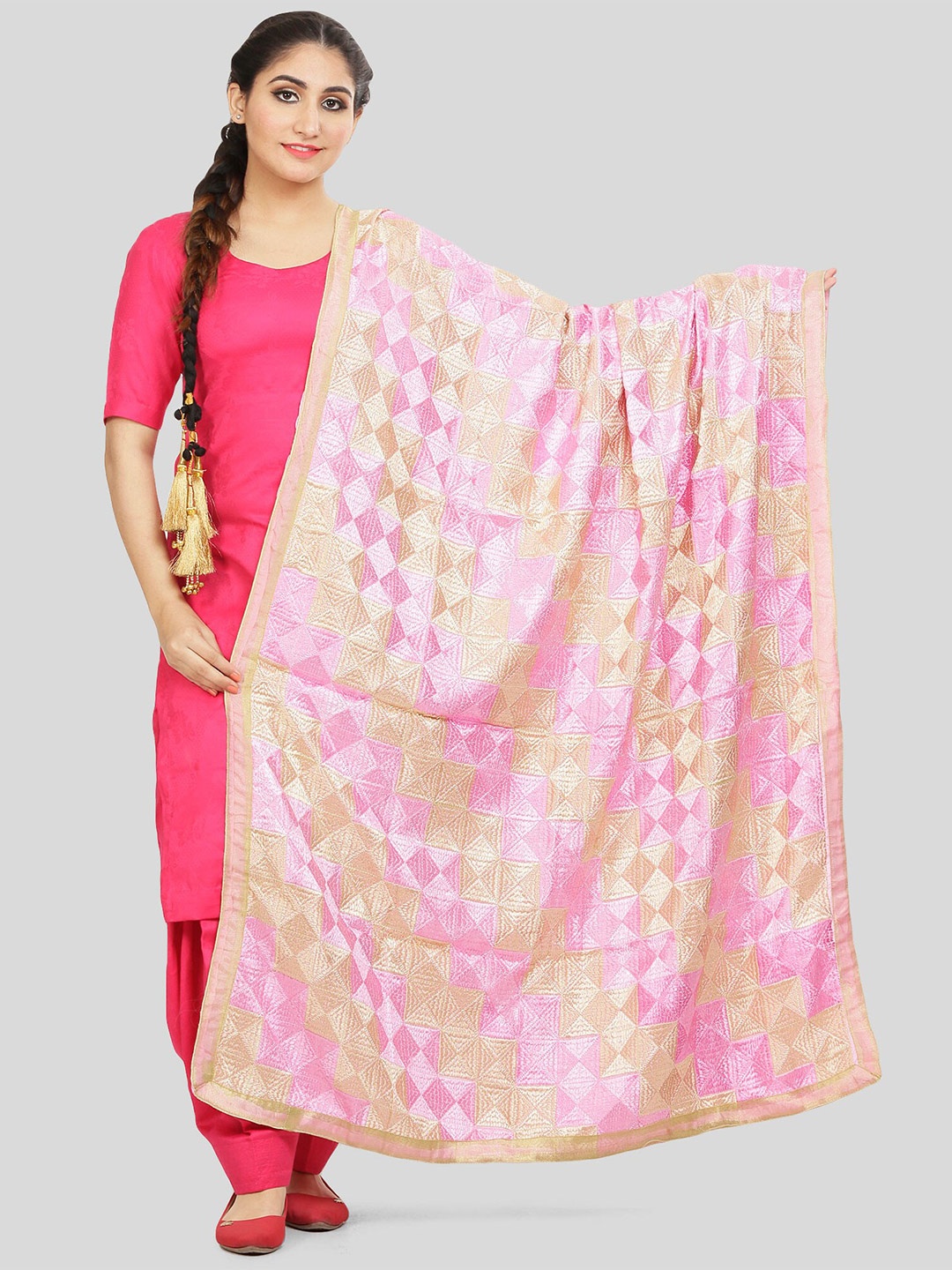 

KALINI Embroidered Dupatta with Phulkari, Pink