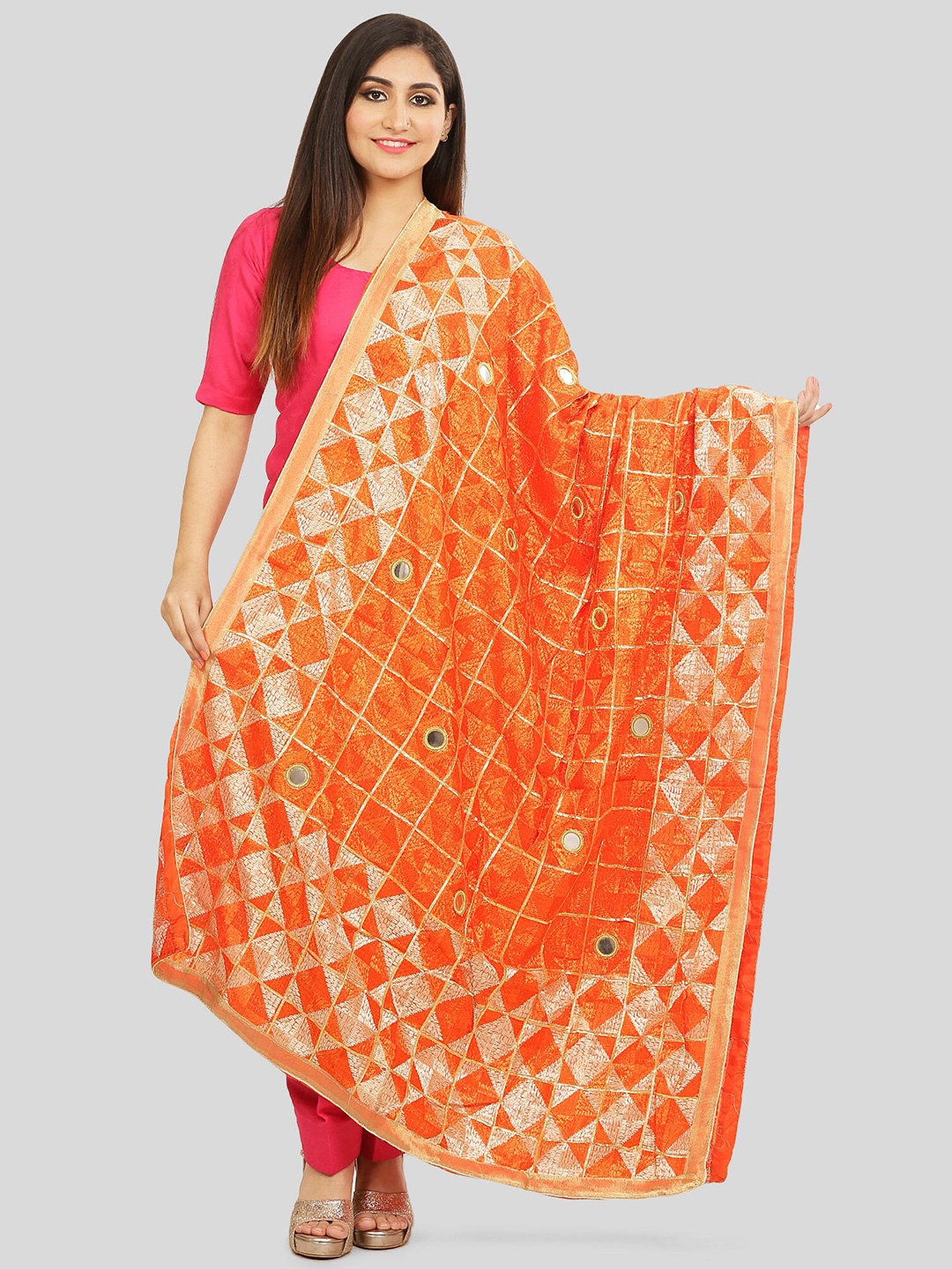 

KALINI Checked Dupatta with Phulkari, Orange