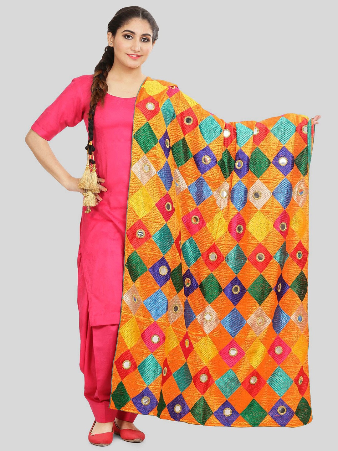 

KALINI Checked Dupatta with Phulkari, Orange