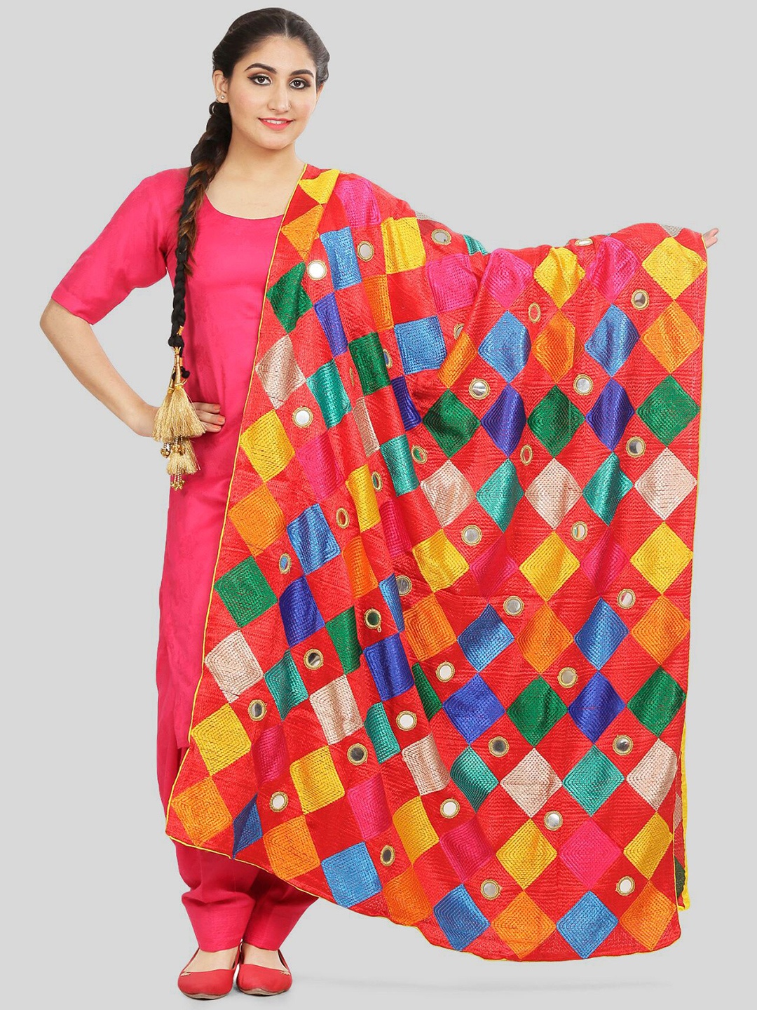 

KALINI Embroidered Dupatta with Phulkari, Red